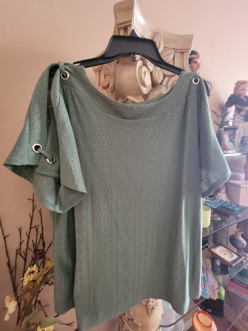Green Eyelet Knit Top with Grommet Detail